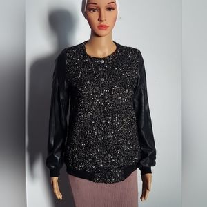 100% Cotton Vintage Tweed Jackets Women Short Woolen Black& with Leather sleeves